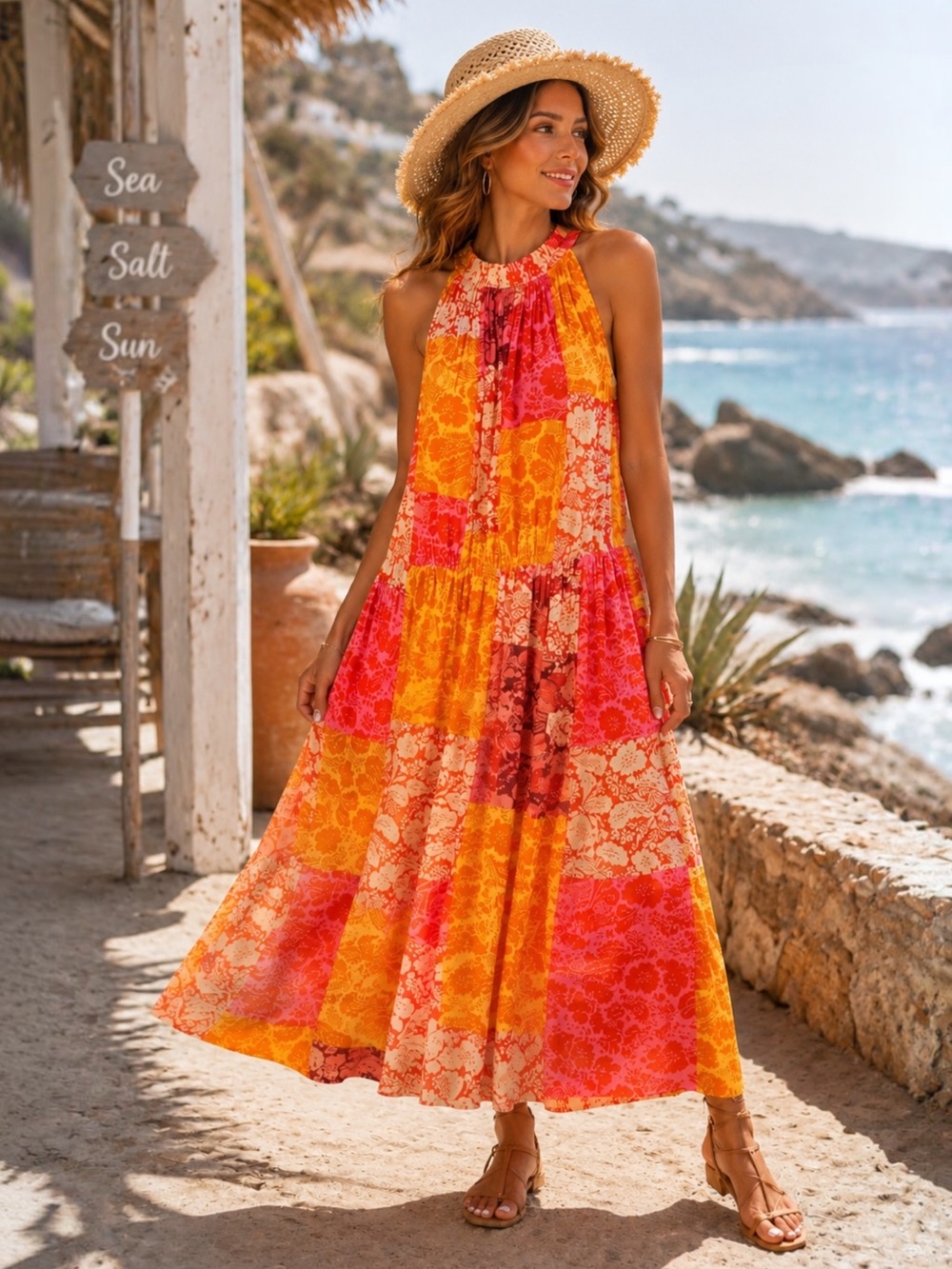 NWT Ann Taylor Patchwork Floral Halter Maxi Dress Boho Resort Sz Large Petite